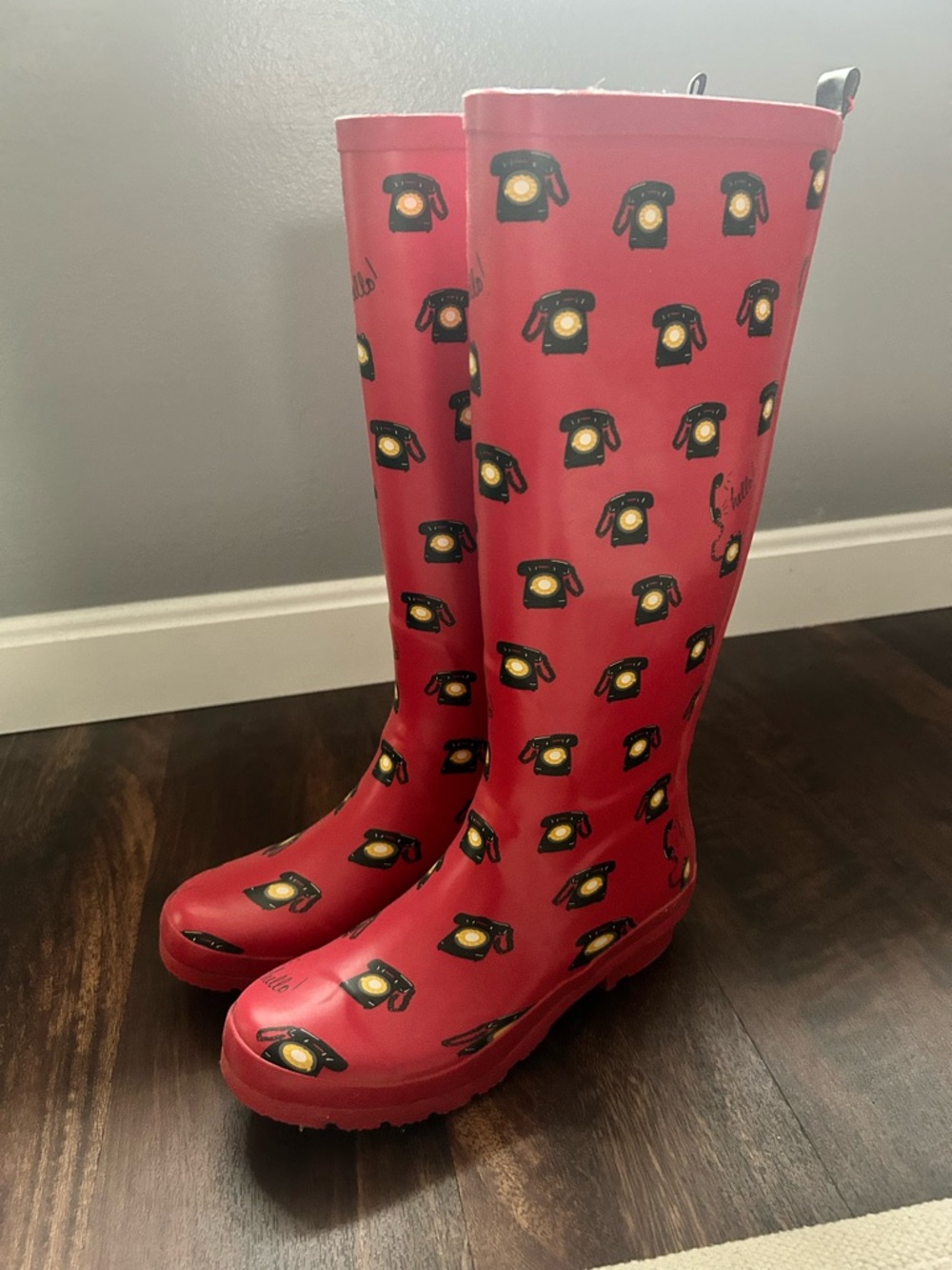Anthropologie Red Rain Boots with Retro Telephone Motif